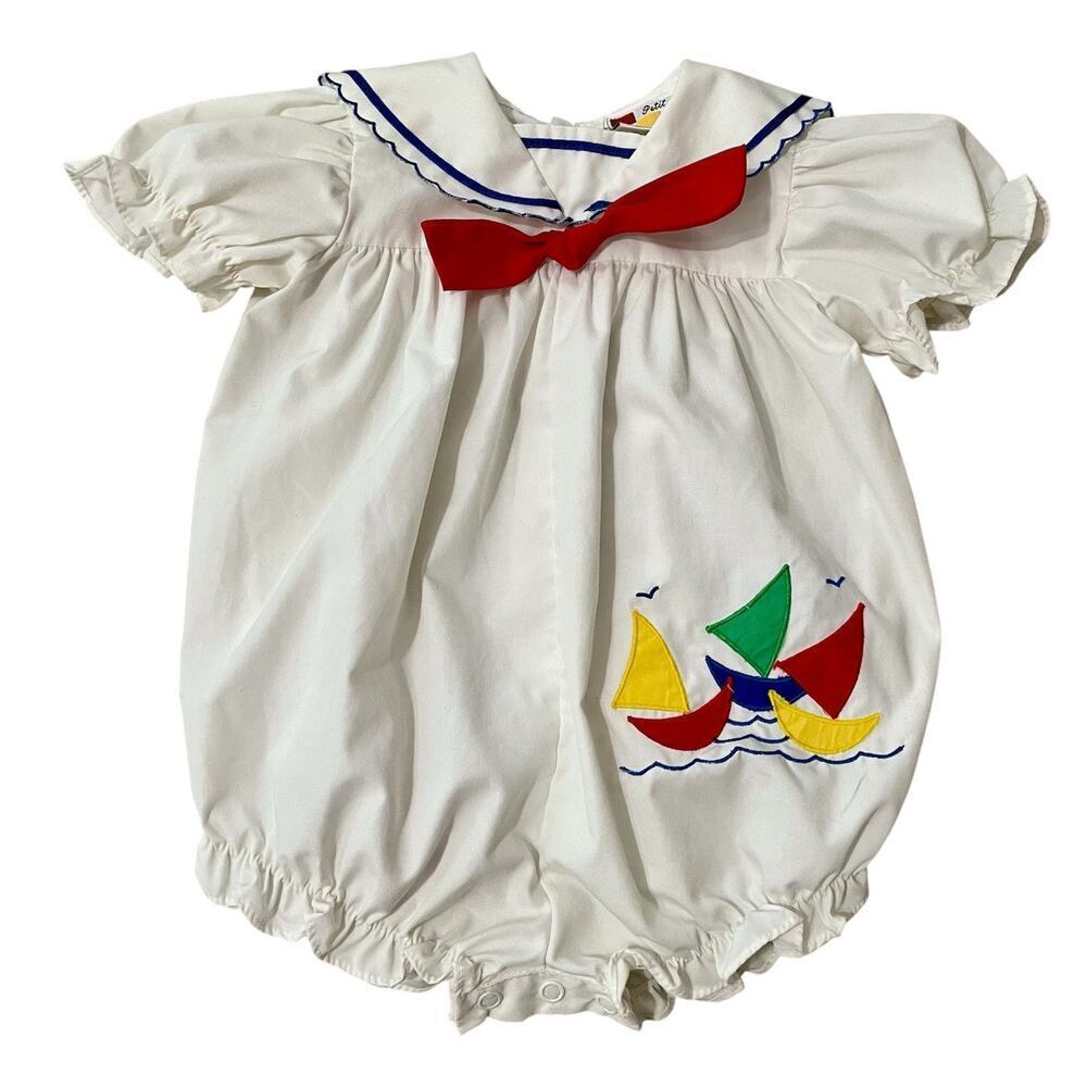 Vtg Petit Amour Romper Baby 18 M White Togs Sailboat Ship Ocean Nautical Snap